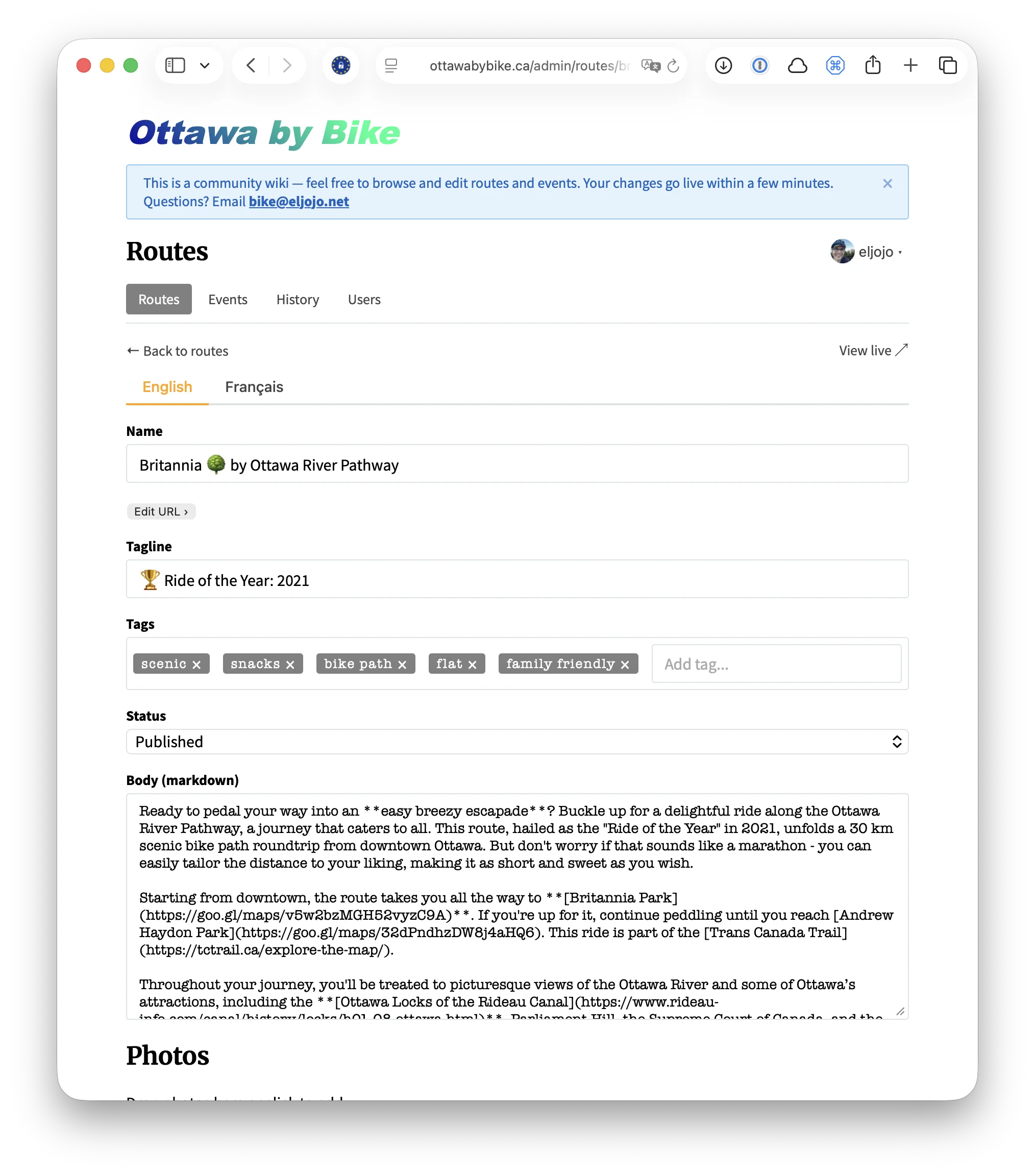 The route editor showing fields for name, tagline, tags, status, and markdown body