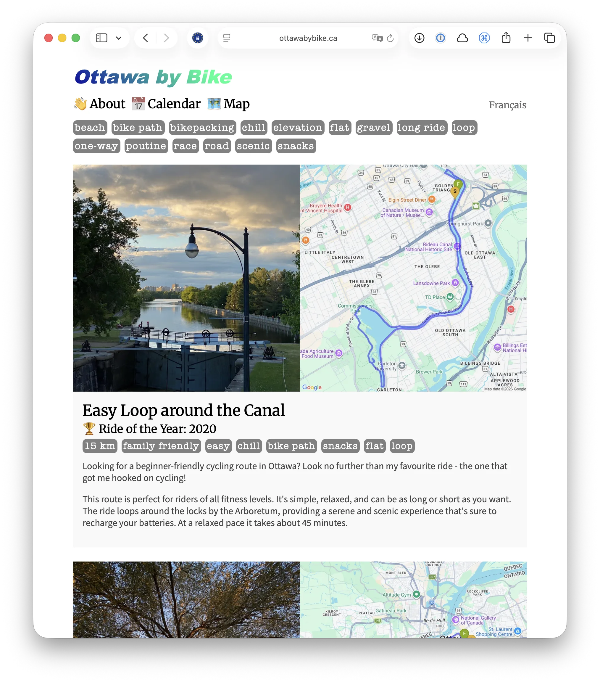 Ottawa by Bike — a cycling wiki showing routes with photos, maps, and community tags